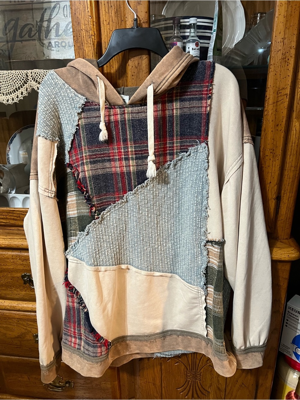 Patchwork Plaid & Knit Hoodie - Neutral Tones